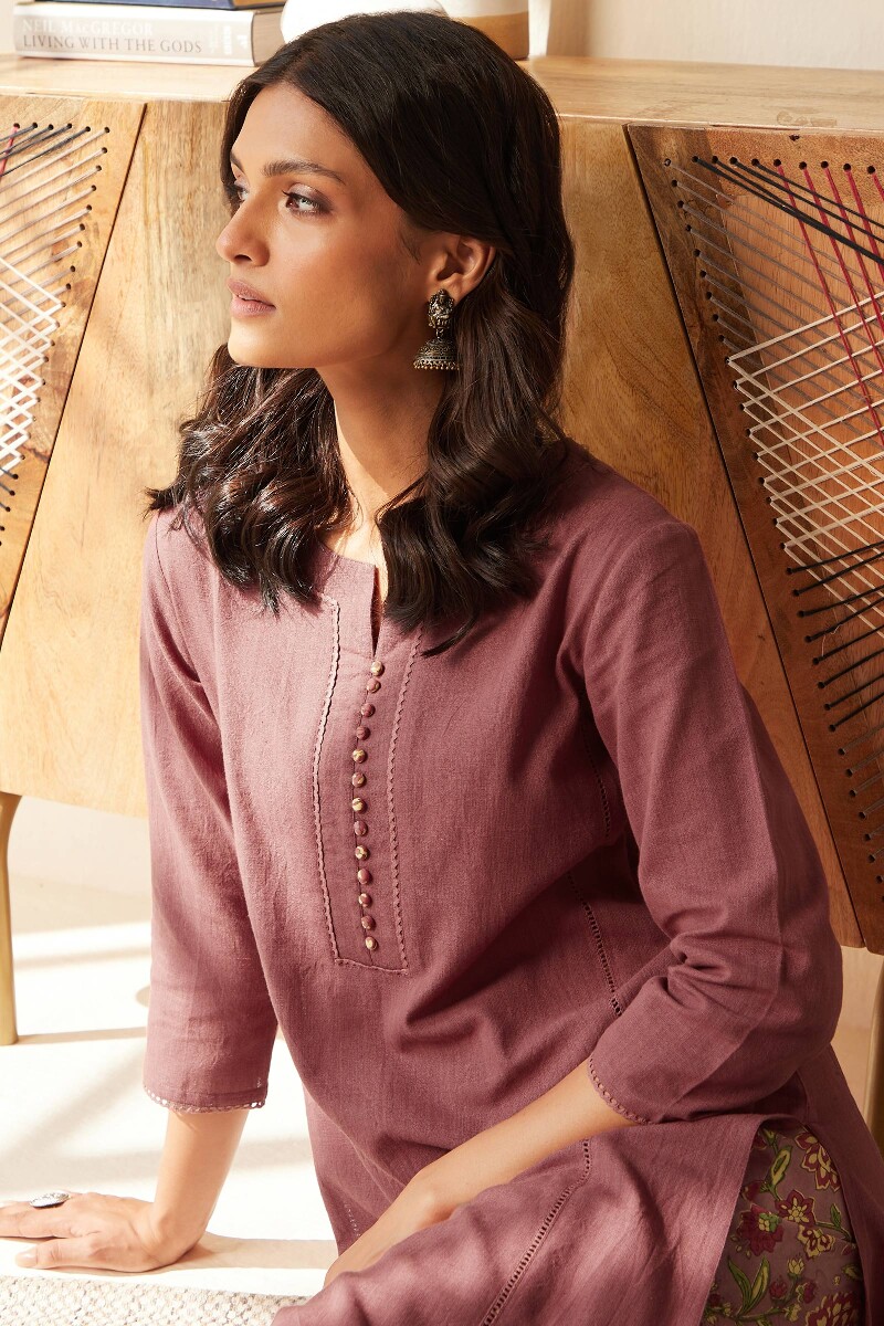 Mauve Handcrafted Straight Cotton Flax Kurta