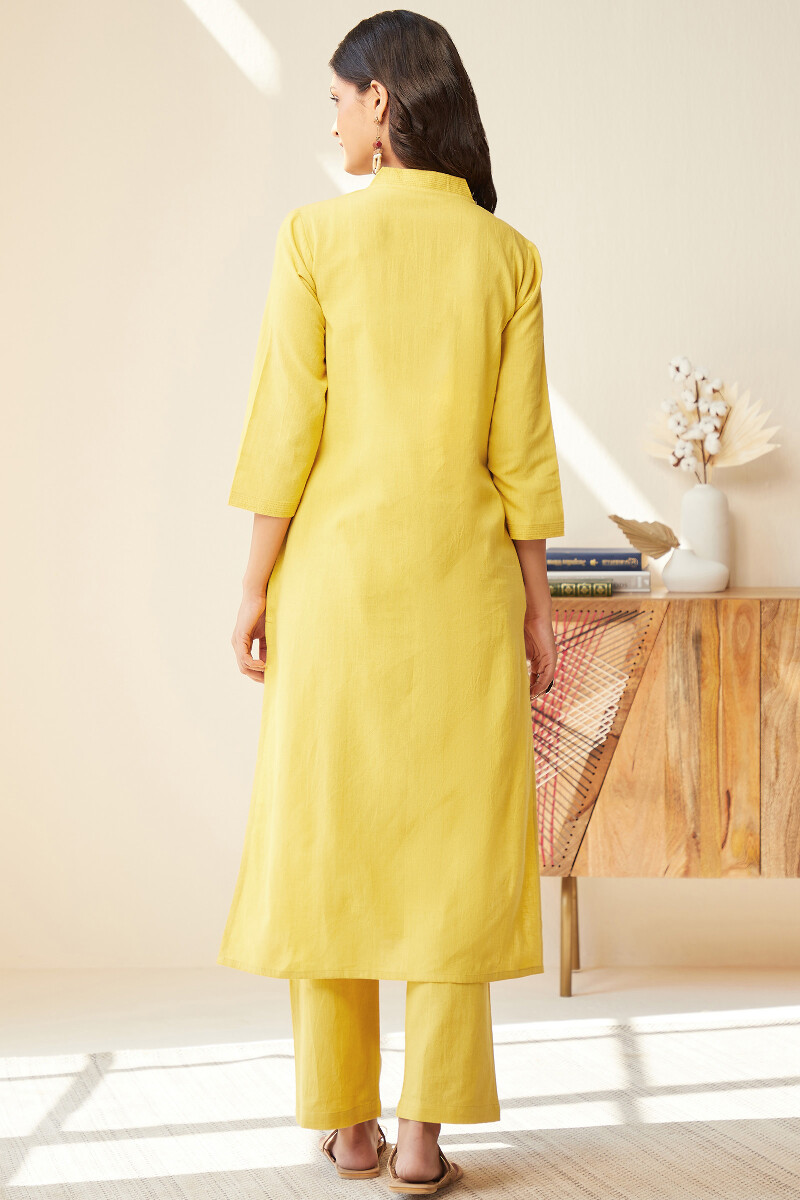 Yellow Handcrafted Straight Cotton Flax Kurta