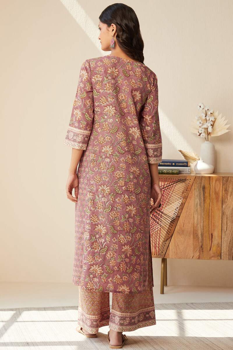 Pink Hand Block-Printed Straight Cotton Dobby Kurta