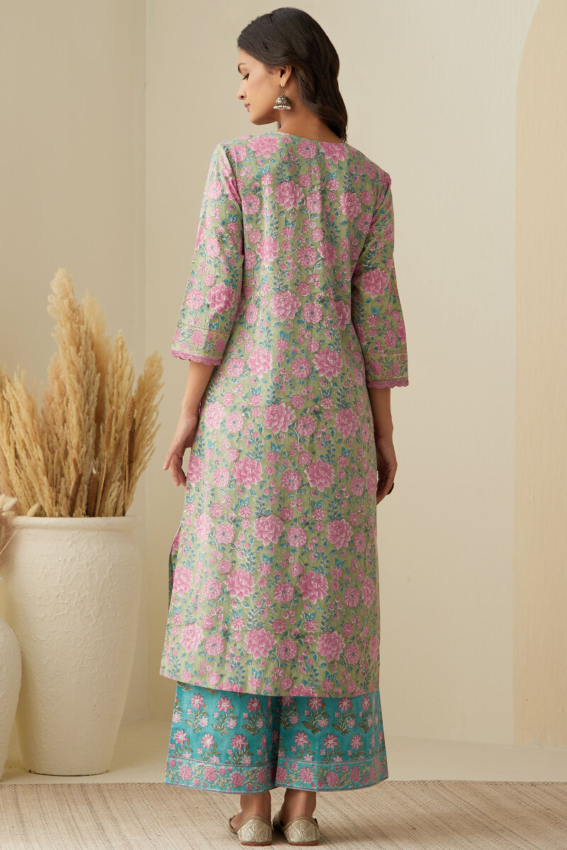 Green Hand Block-Printed Straight Cotton Kurta