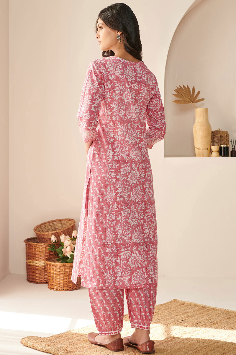 Pink Hand Block-Printed Straight Cotton Kurta