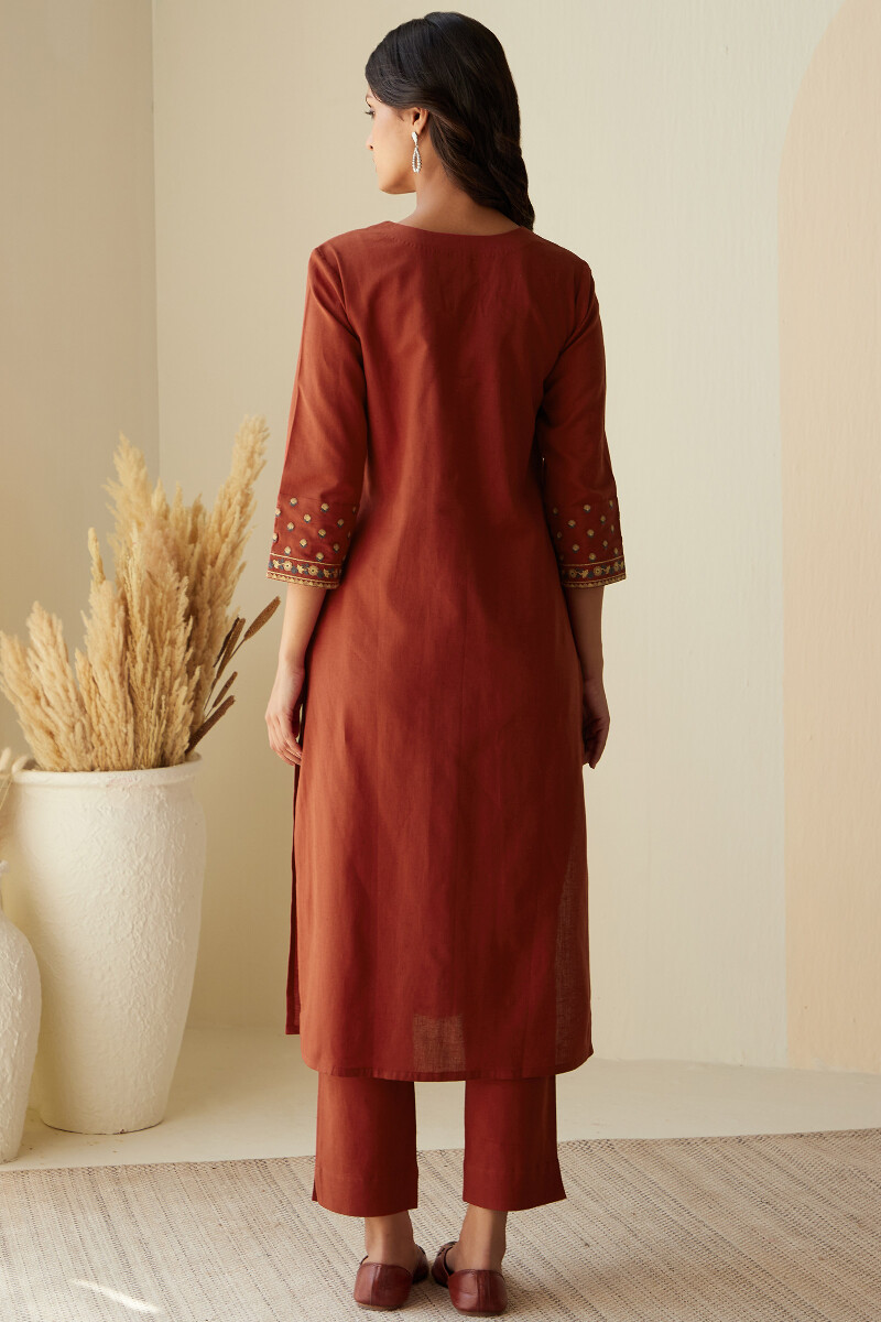 Red Handcrafted Straight Cotton Linen Kurta
