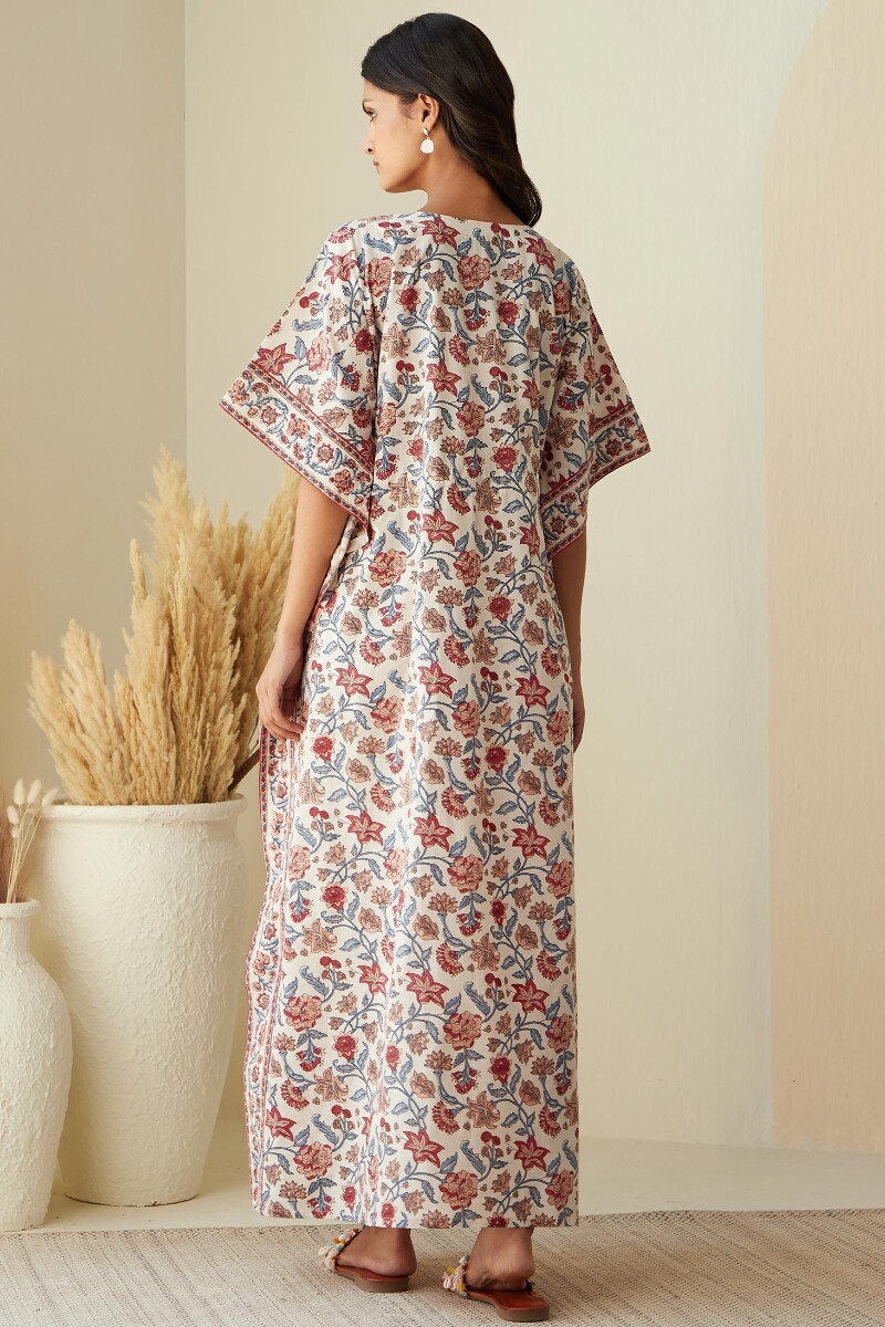 Cream Hand Printed Cotton Mul Kaftan
