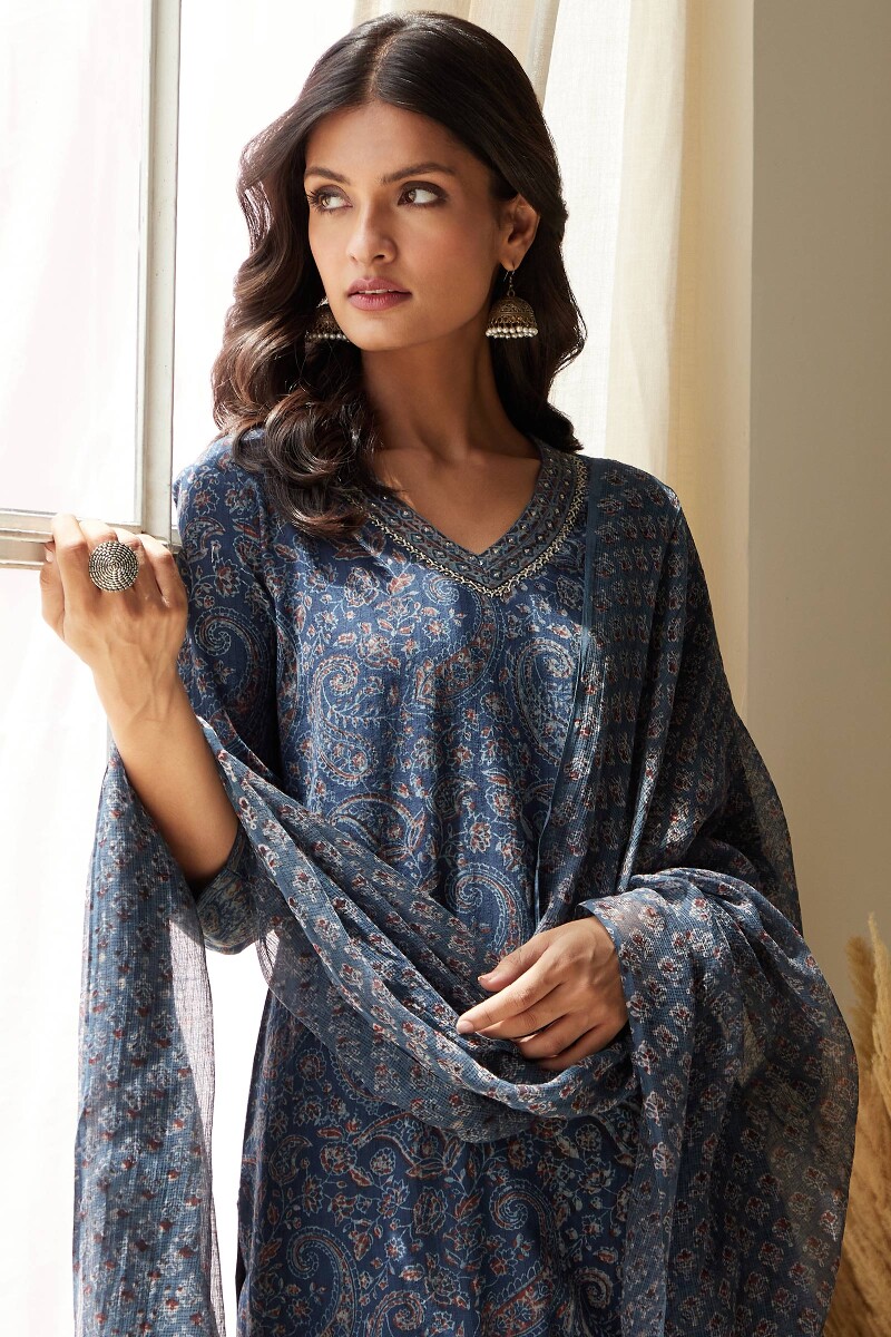 Akola Hand Block-Printed Straight Cotton Dobby Kurta