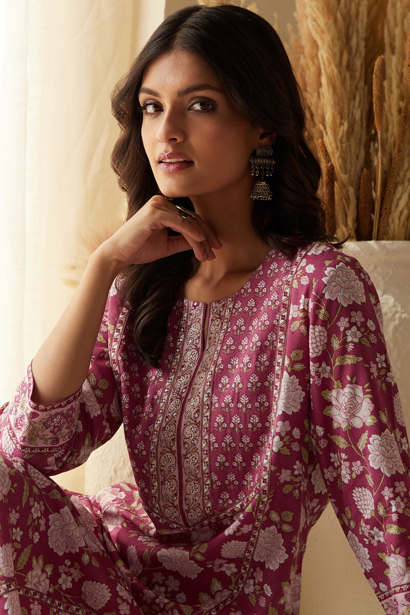 Pink Hand Printed Straight Viscose Kurta