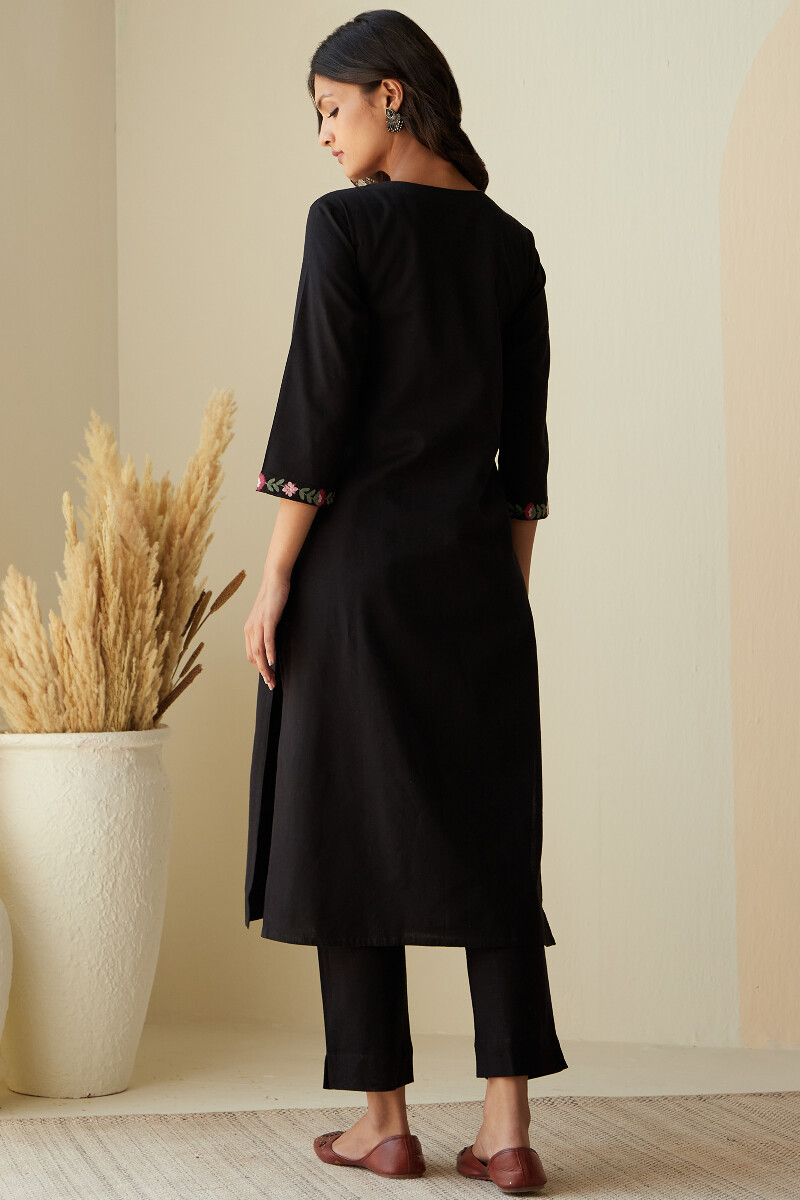 Black Handcrafted Straight Cotton Flax Kurta
