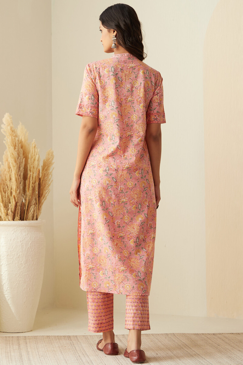Peach Hand Block-Printed Straight Cotton Kurta