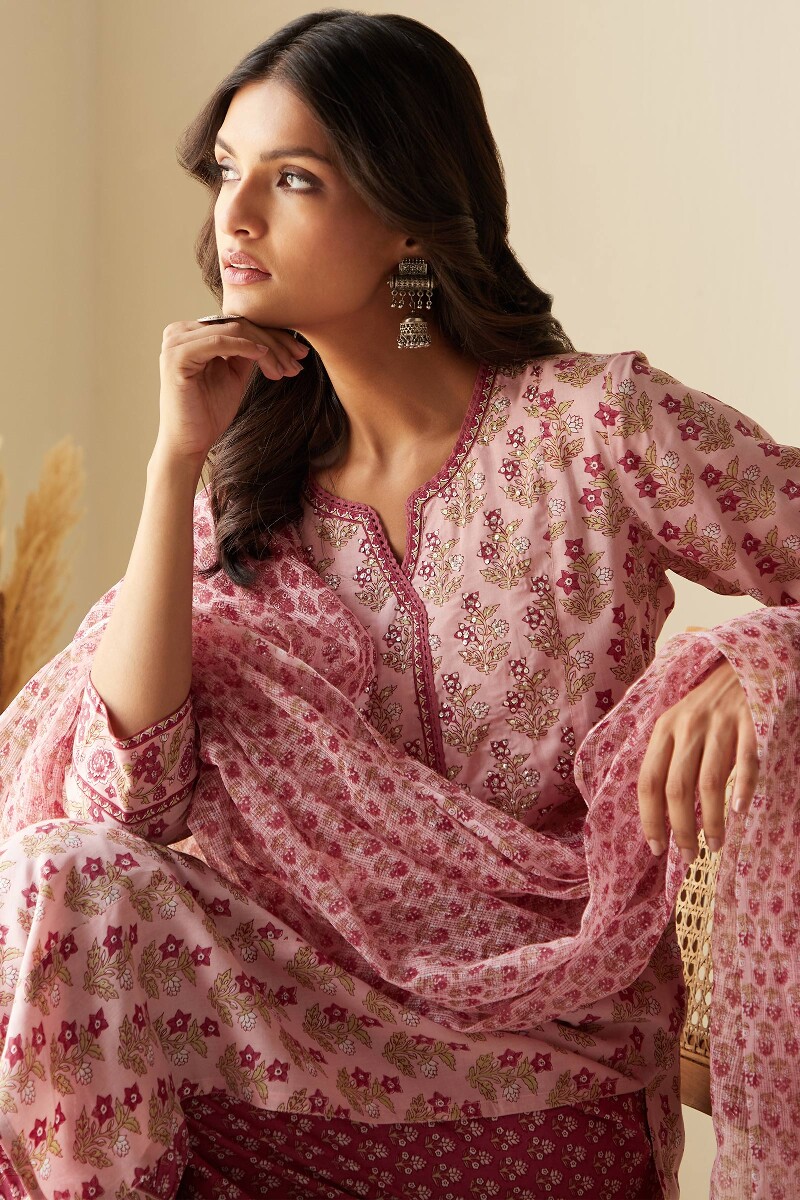 Pink Hand Printed Straight Viscose Kurta