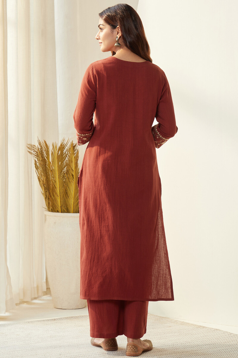 Red Handcrafted Straight Cotton Flax Kurta