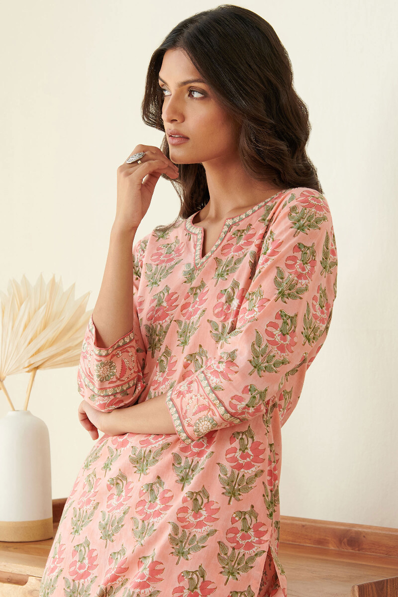 Peach Hand Block-Printed Straight Cotton Kurta