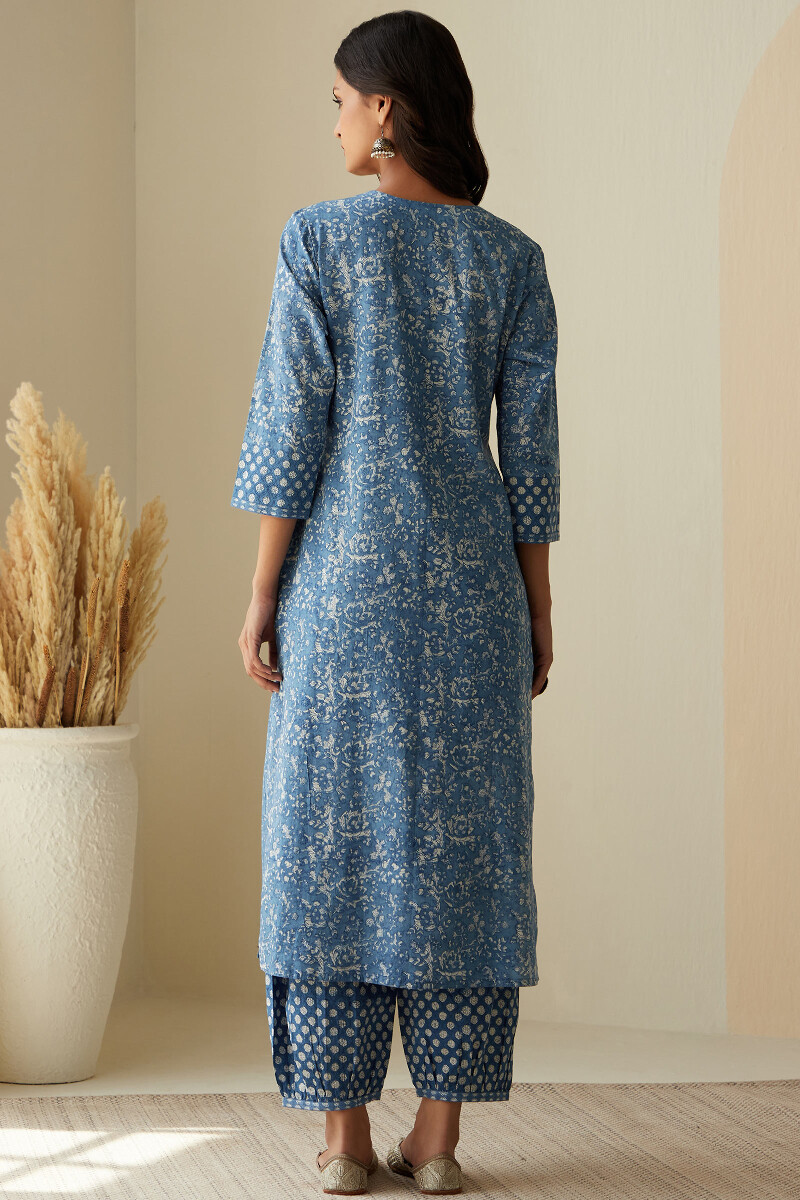 Indigo Hand Block-Printed Straight Cotton Kurta