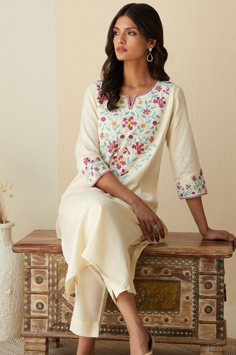 Cream Handcrafted Straight Cotton Flax Kurta