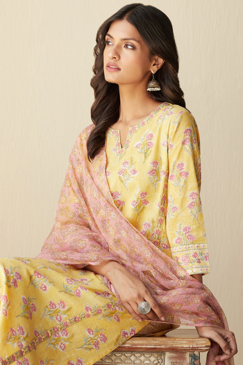 Yellow Hand Block-Printed Straight Cotton Slub Kurta