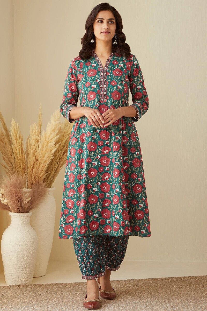 Green Hand Block-Printed A-Line Cotton Kurta