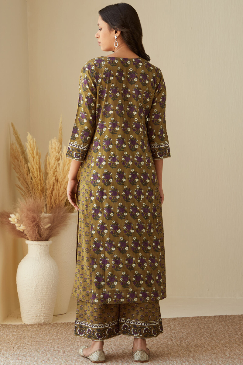 Mustard Hand Printed Straight Cotton Dobby Kurta