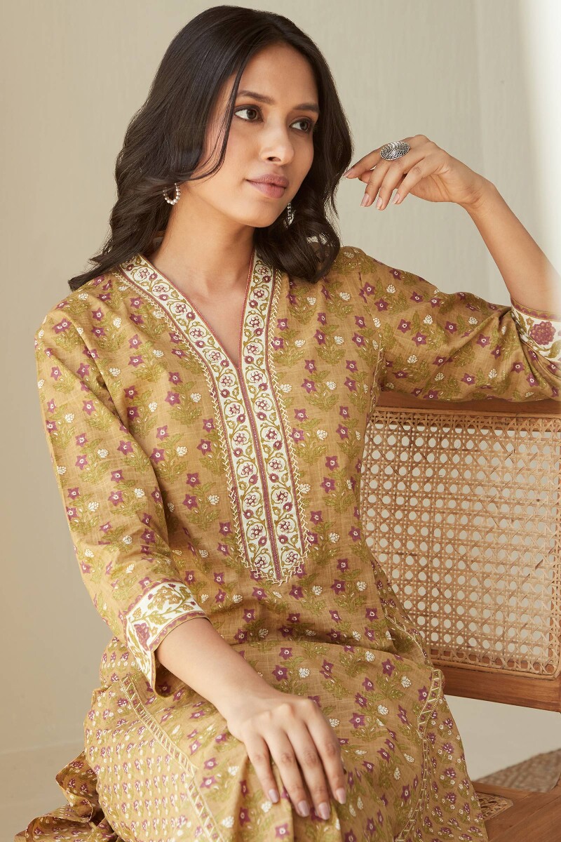 Mustard Hand Printed Straight Cotton Slub Kurta