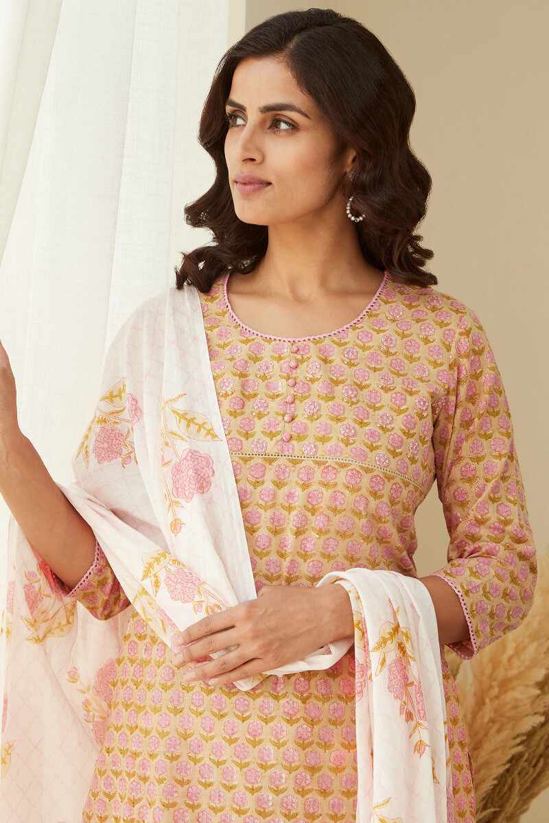 Beige Hand Block-Printed. Straight Cotton Dobby Kurta