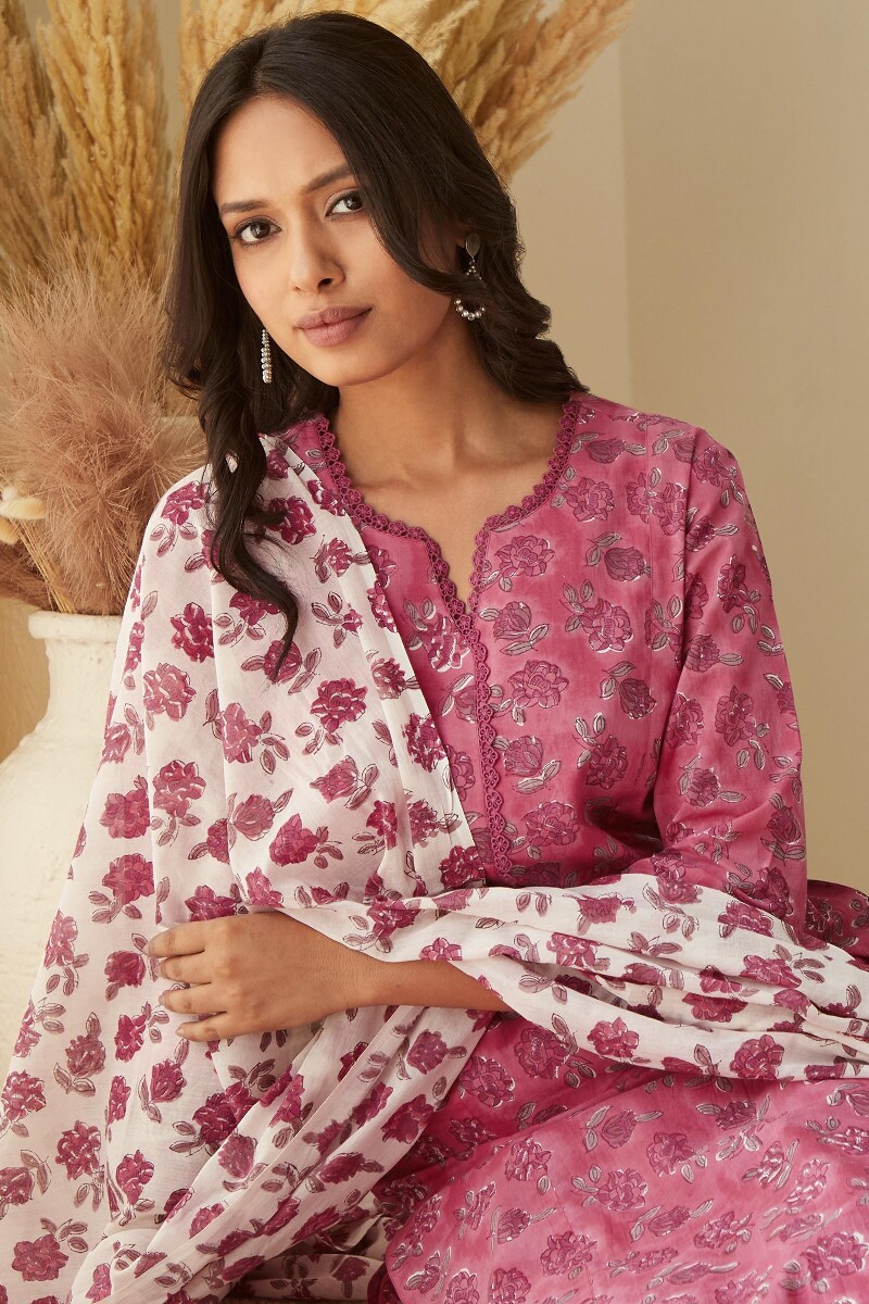 Pink Hand Block-Printed Straight Cotton Kurta