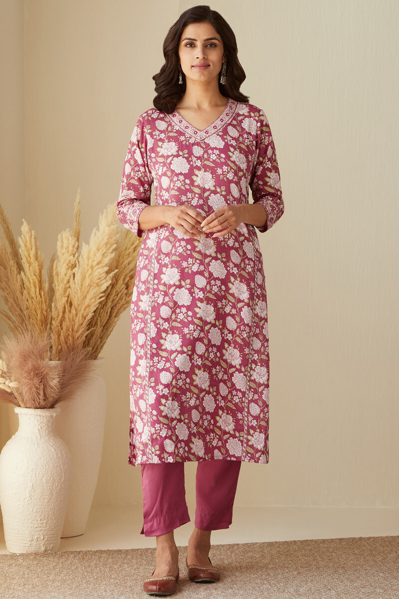 Pink Hand Printed Straight Viscose Kurta
