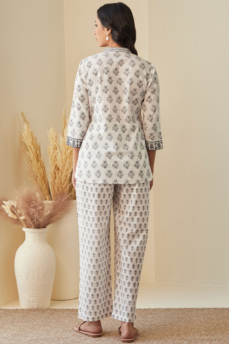 White Hand-Printed Cotton Slub Loungewear Set