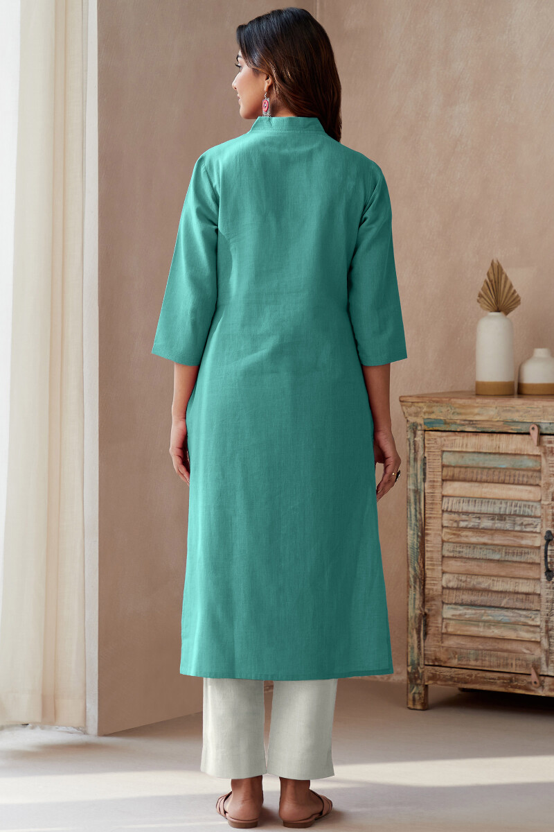 Turquoise Handcrafted Straight Cotton Flax Kurta