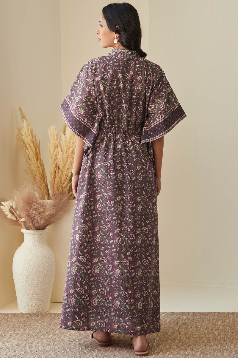 Purple Hand Printed Cotton Mul Kaftan