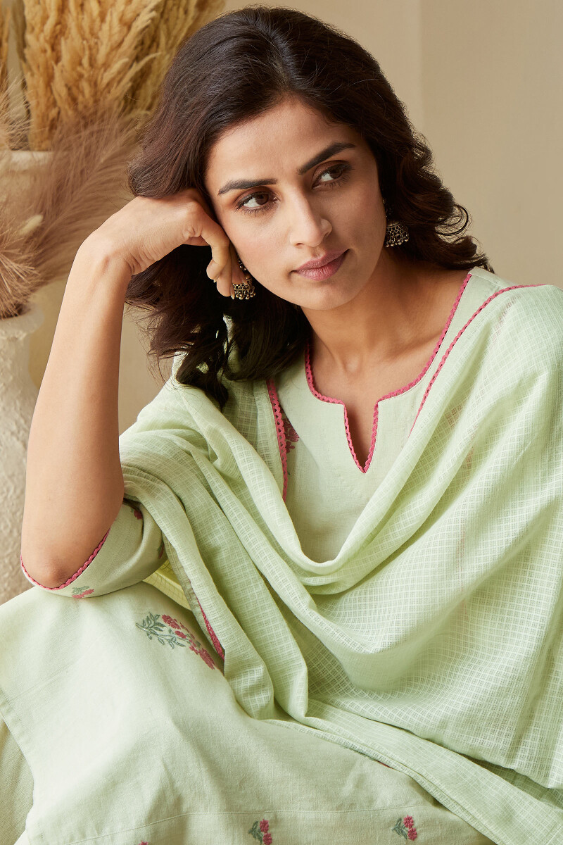 Green Handcrafted Straight Cotton Flax Kurta