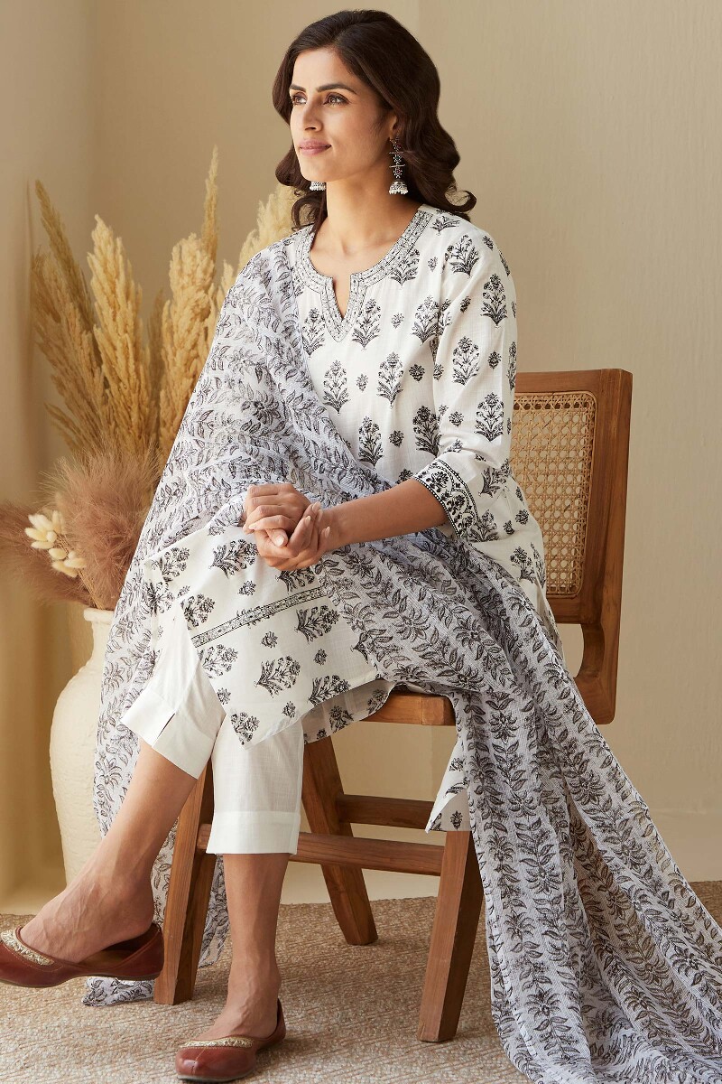 White Hand-Printed Straight Cotton Slub Kurta