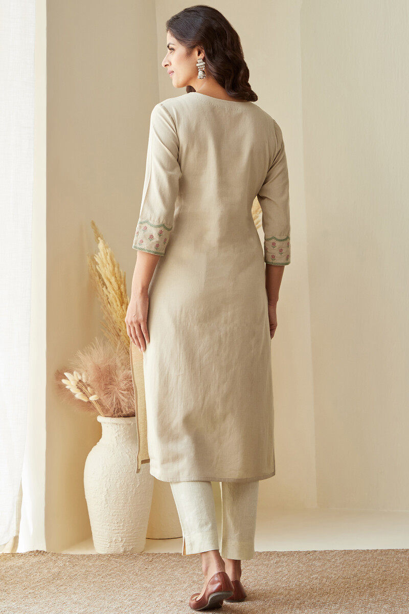 Beige Handcrafted Straight Cotton Flax Kurta