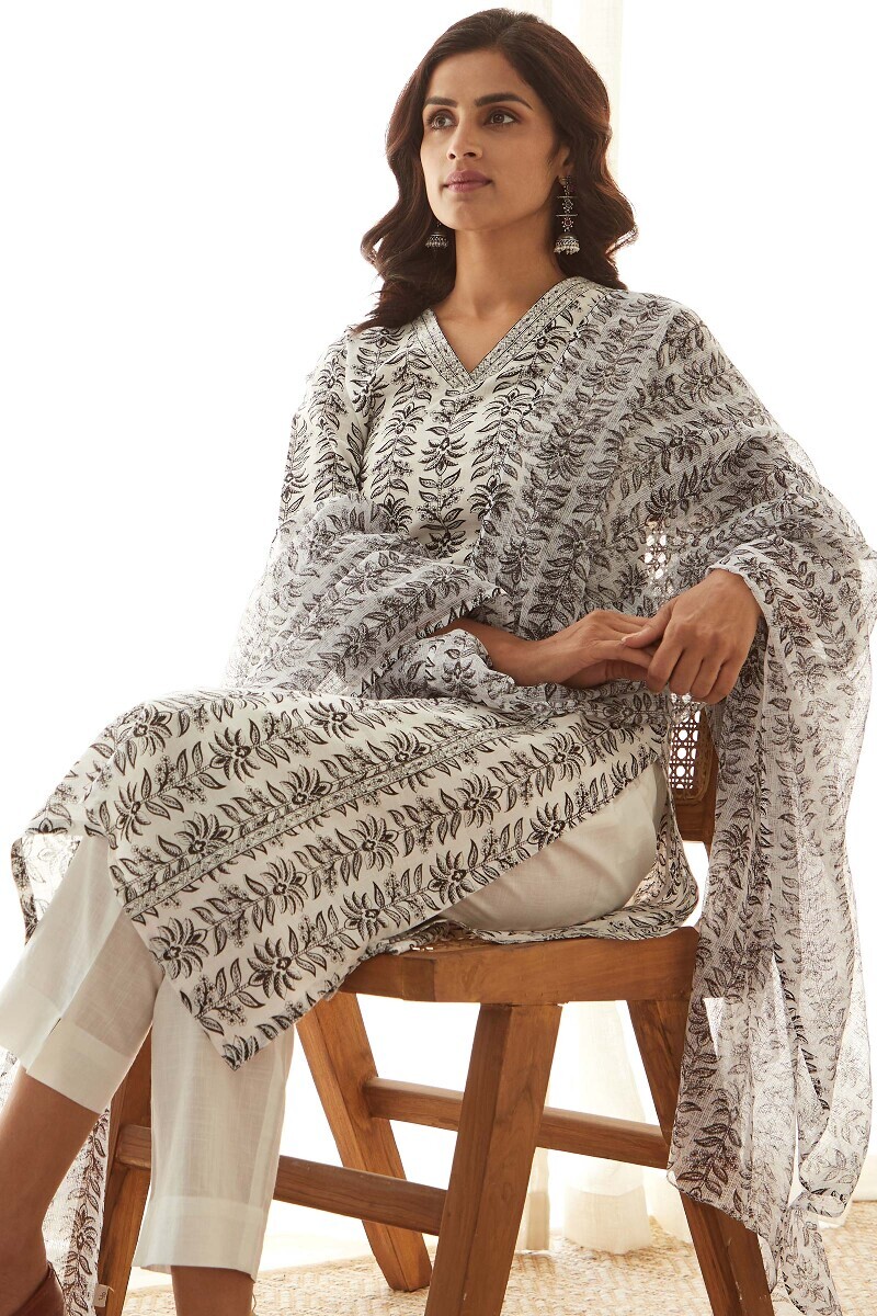 White Hand Printed Straight Cotton Slub Kurta