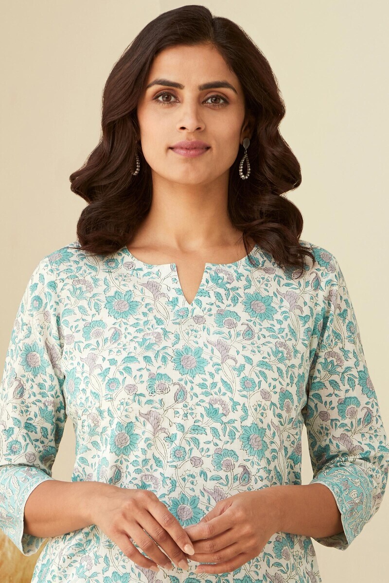 White Hand Block-Printed Straight Cotton Slub Kurta