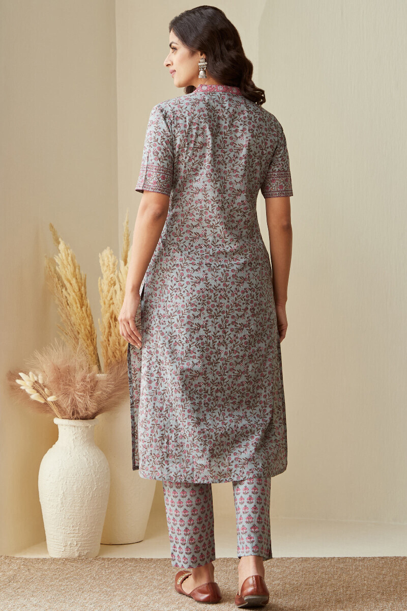 Blue Hand Printed Straight Cotton Slub Kurta
