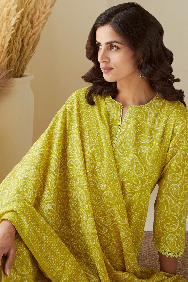 Green Hand Printed A-Line Cotton Kurta