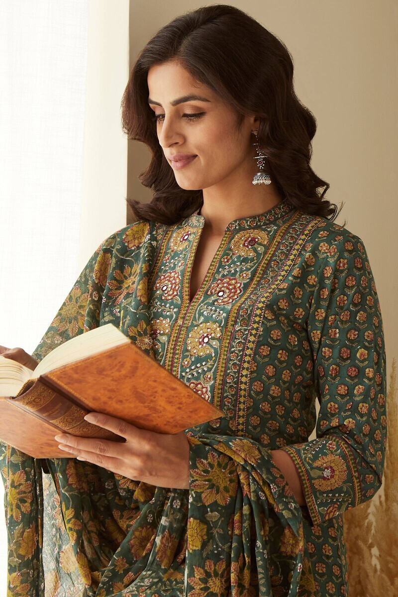 Green Hand Block-Printed Straight Cotton Kurta