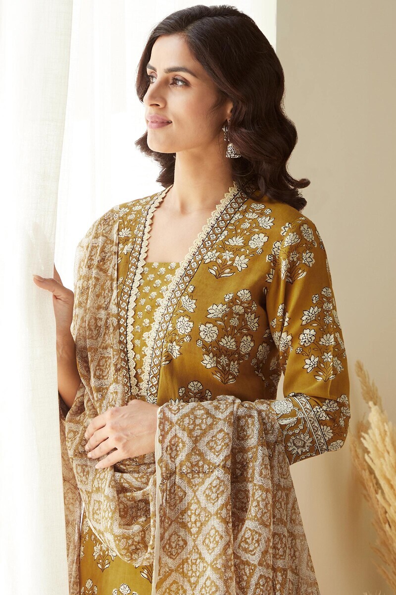 Mustard Hand Block-Printed Straight Viscose Kurta