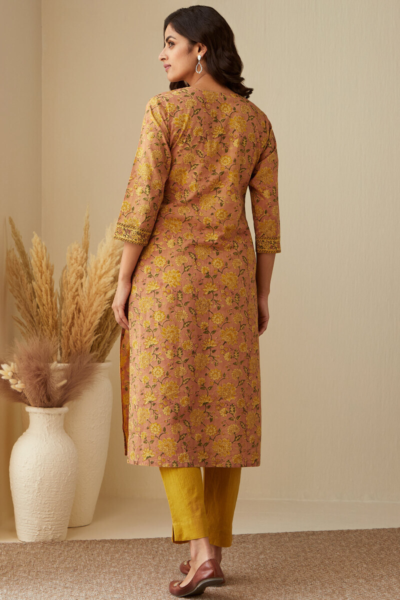 Pink Hand Block-Printed Straight Cotton Kurta