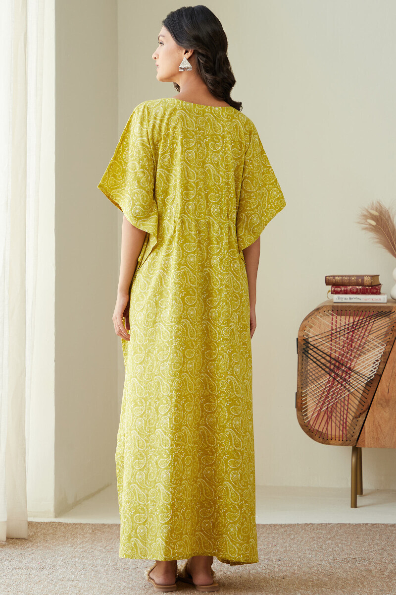 Green Hand Printed Cotton Kaftan