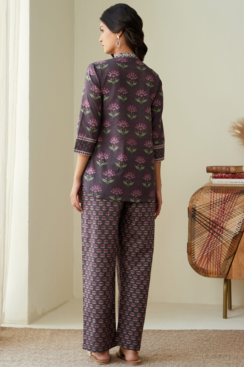 Purple Hand Printed Cotton Loungewear Set