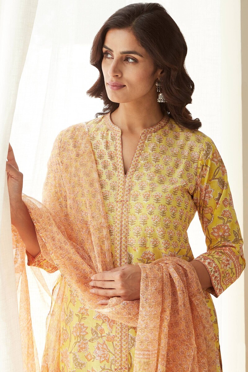 Yellow Hand Block-Printed Straight Cotton Slub Kurta