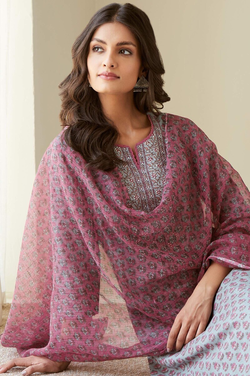 Blue Hand Printed Straight Cotton Slub Kurta