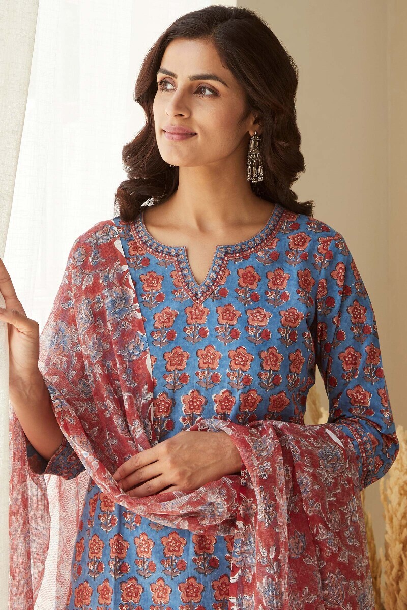Blue Hand Block-Printed Straight Cotton Kurta