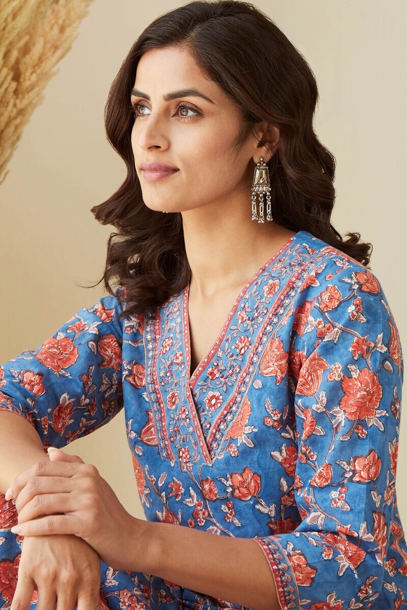 Blue Hand Block-Printed Straight Cotton Kurta