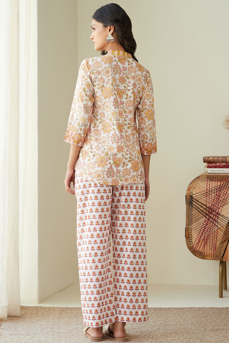 White Hand Printed Cotton Loungewear Set