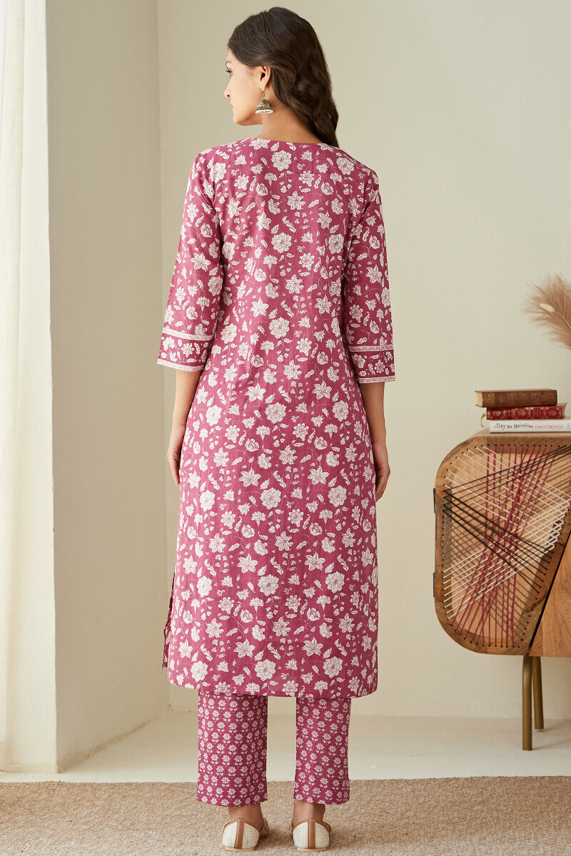 Pink Hand Printed Straight Cotton Kurta