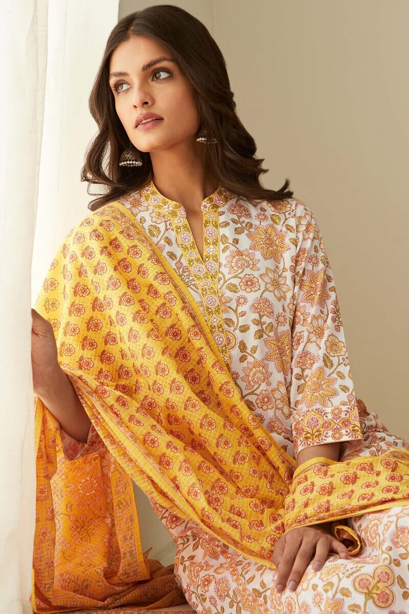 White Hand Printed Straight Cotton Kurta