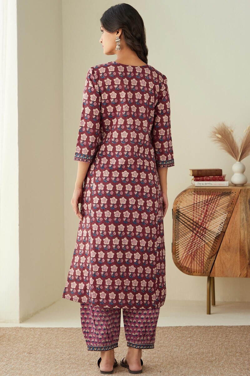 Maroon Hand Block-Printed Straight Cotton Kurta