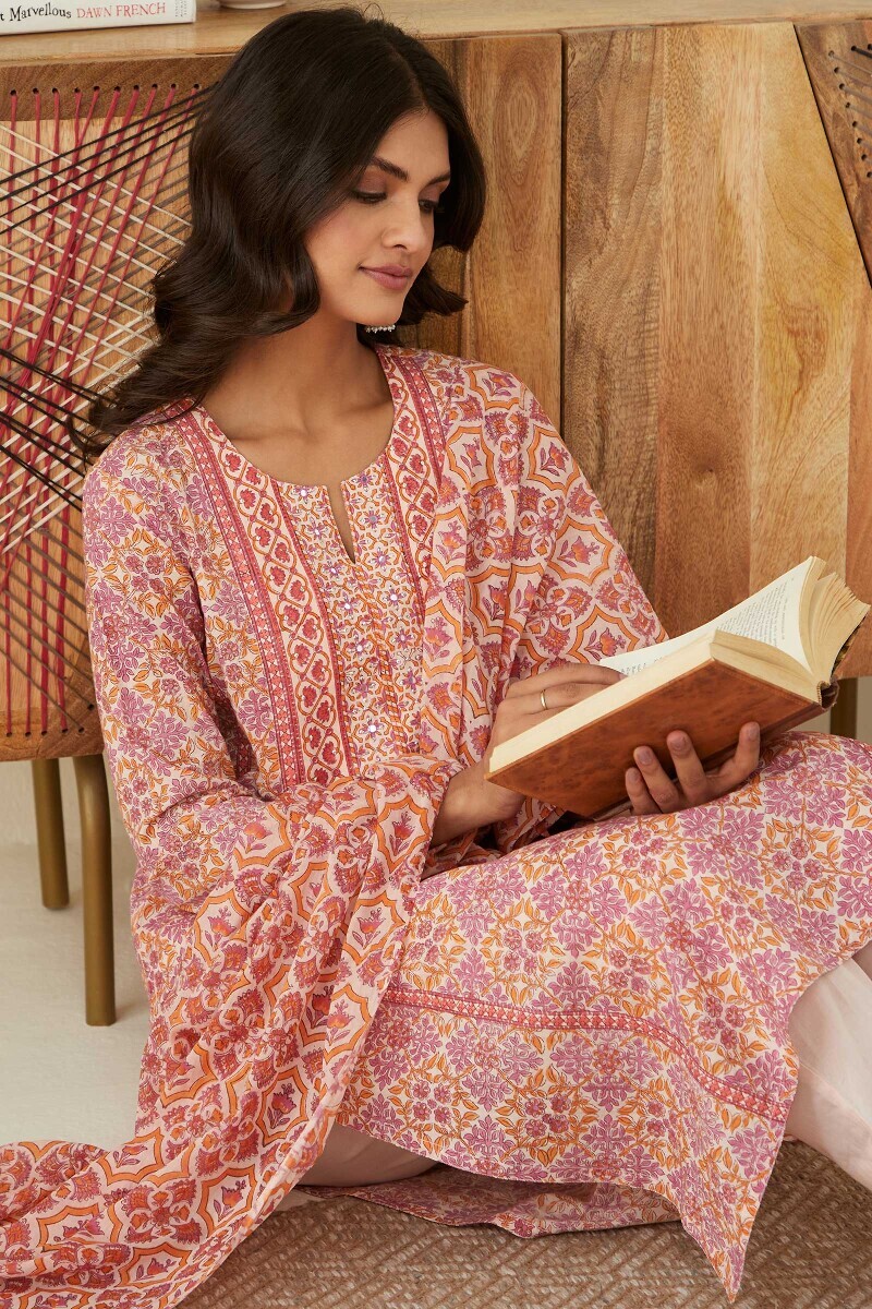 Cream Hand Block-Printed Straight Cotton Kurta