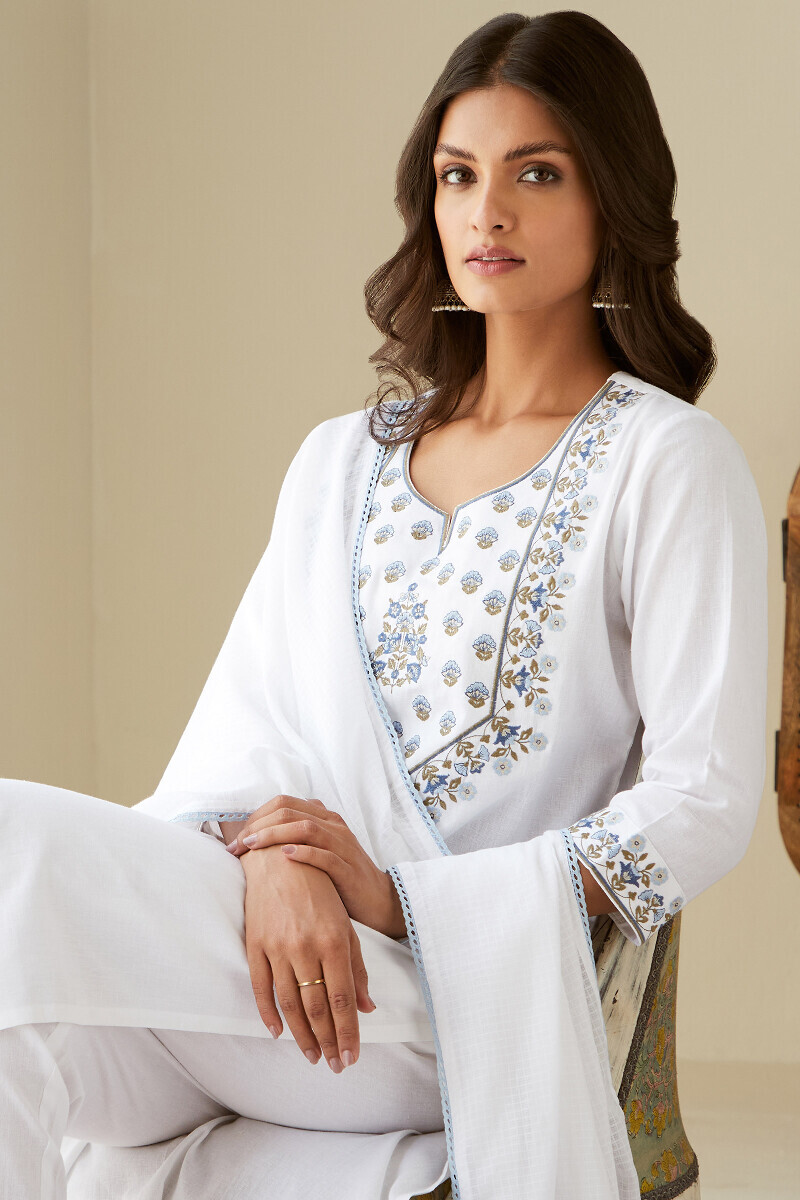 White Handcrafted Straight Cotton Flax Kurta