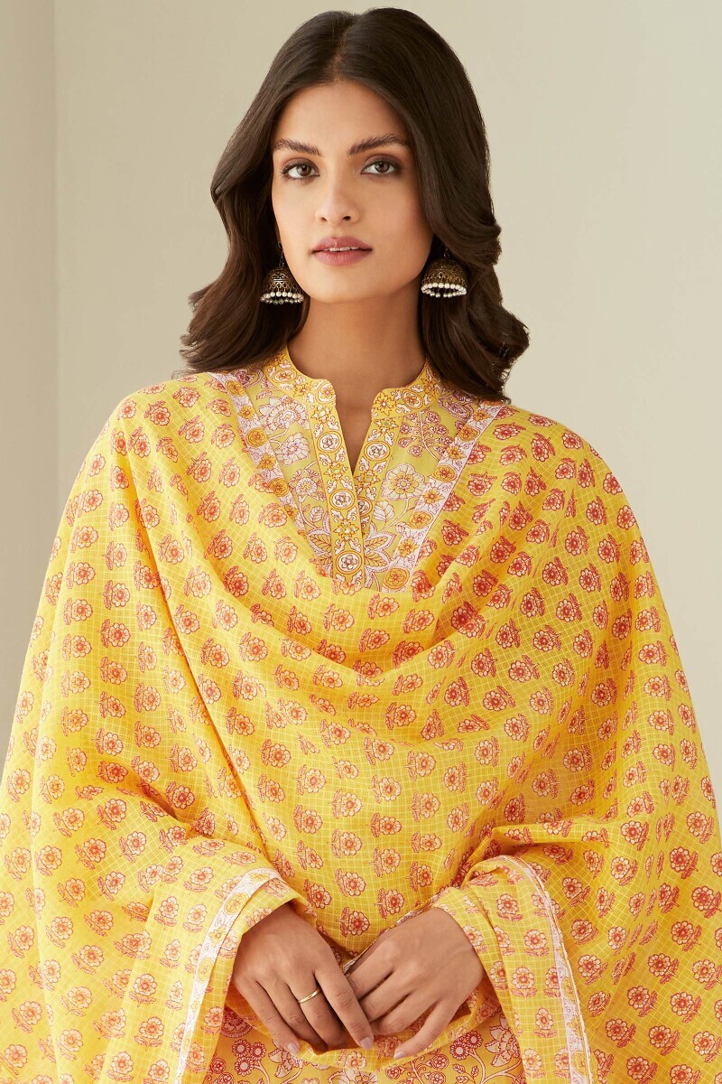 Yellow Hand Printed Kota Dupatta