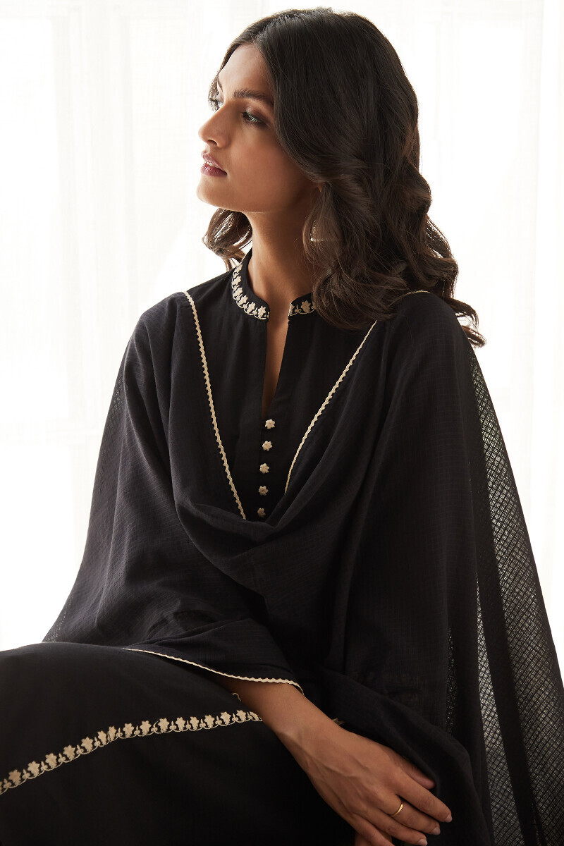 Black Handcrafted A-Line Cotton Flax Kurta
